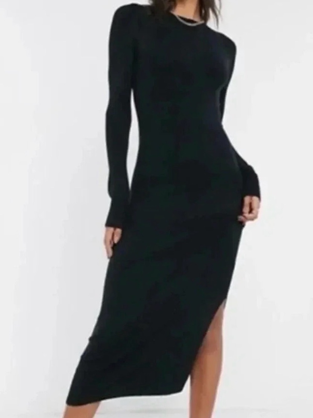 French connection Black Long Sleeve sweater Side-Slit Midi Dress - Women small